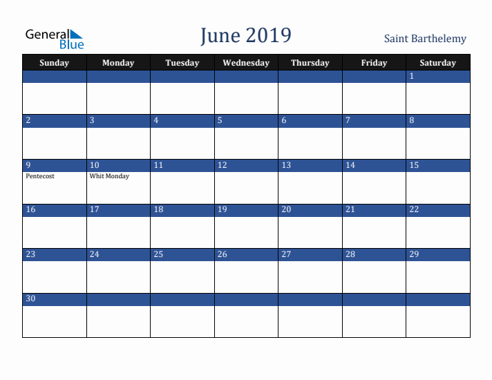 June 2019 Saint Barthelemy Calendar (Sunday Start)