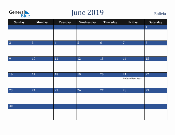 June 2019 Bolivia Calendar (Sunday Start)