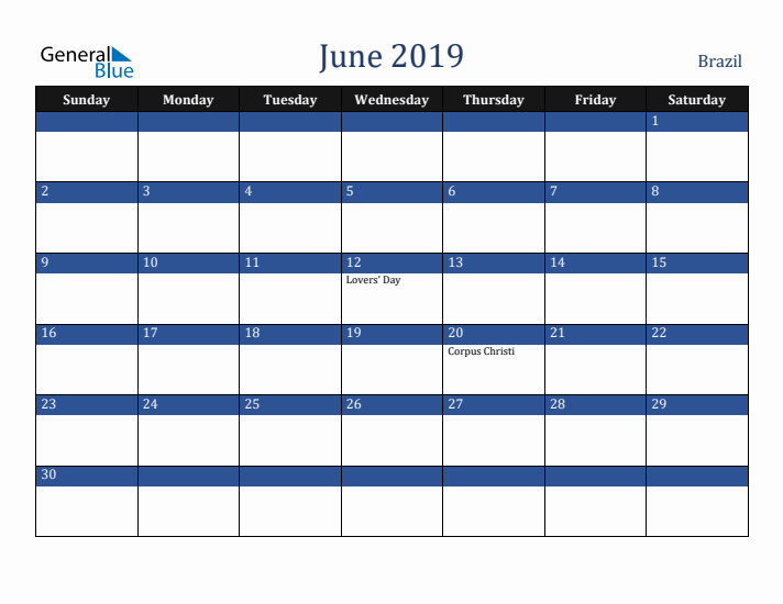 June 2019 Brazil Calendar (Sunday Start)