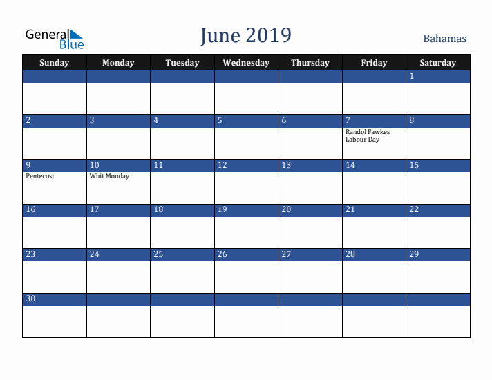 June 2019 Bahamas Calendar (Sunday Start)