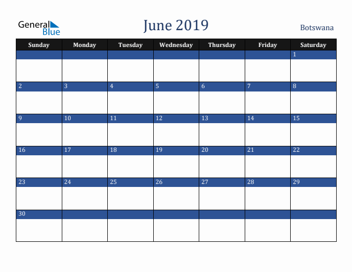 June 2019 Botswana Calendar (Sunday Start)