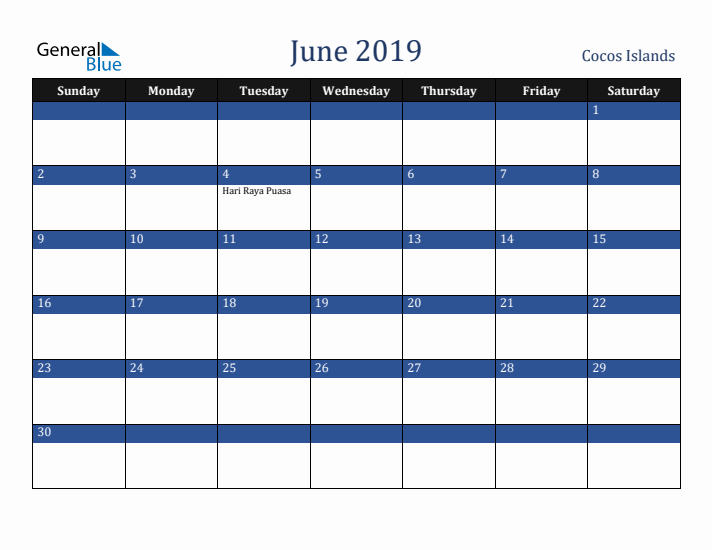 June 2019 Cocos Islands Calendar (Sunday Start)