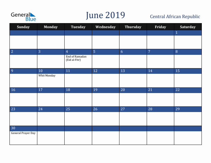 June 2019 Central African Republic Calendar (Sunday Start)