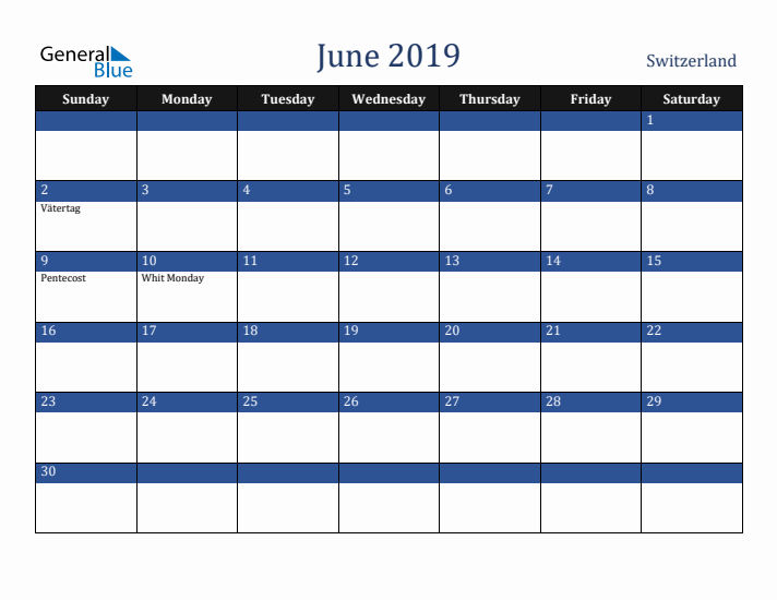 June 2019 Switzerland Calendar (Sunday Start)