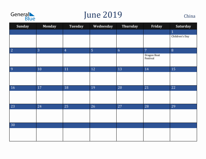 June 2019 China Calendar (Sunday Start)