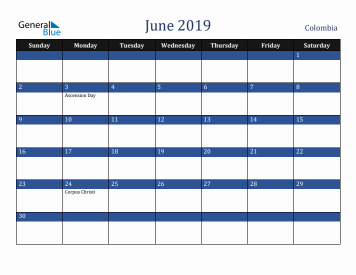 June 2019 Colombia Calendar (Sunday Start)
