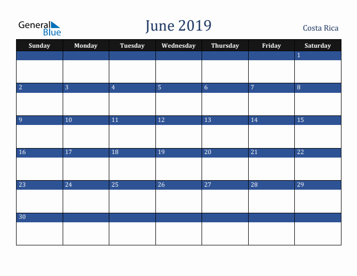 June 2019 Costa Rica Calendar (Sunday Start)