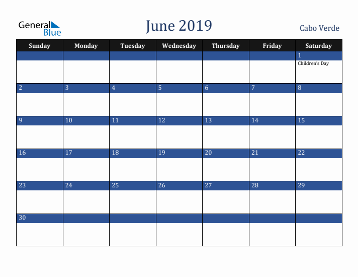 June 2019 Cabo Verde Calendar (Sunday Start)