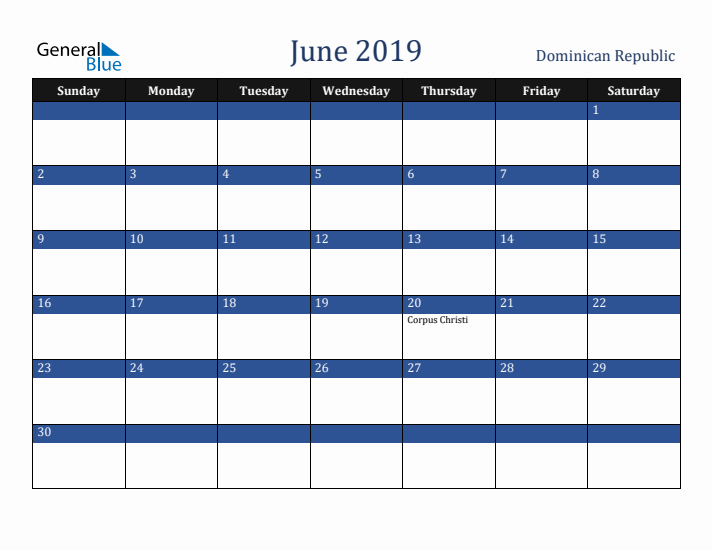 June 2019 Dominican Republic Calendar (Sunday Start)