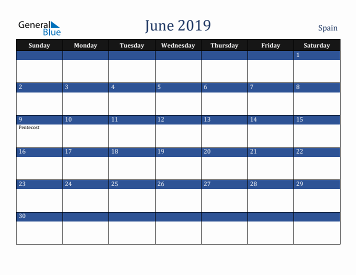 June 2019 Spain Calendar (Sunday Start)