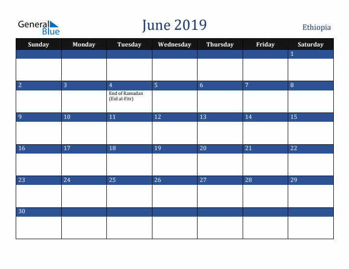 June 2019 Ethiopia Calendar (Sunday Start)