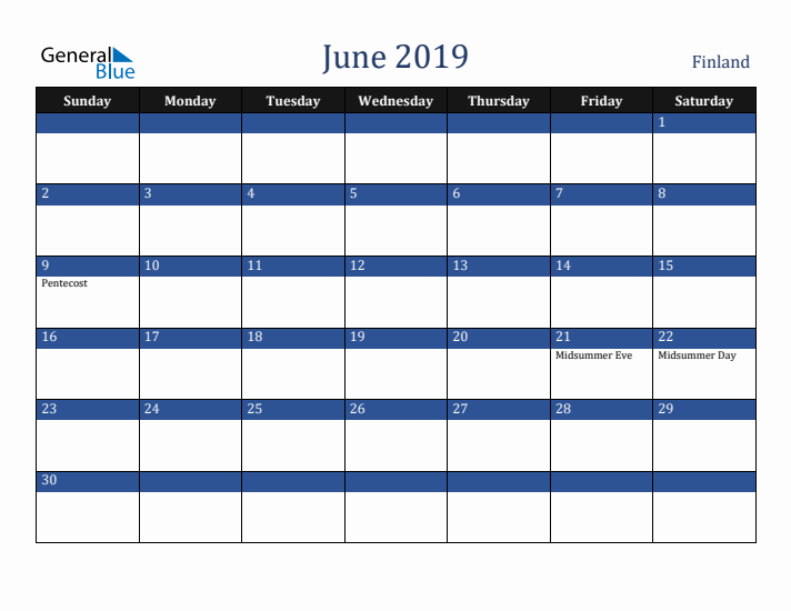 June 2019 Finland Calendar (Sunday Start)
