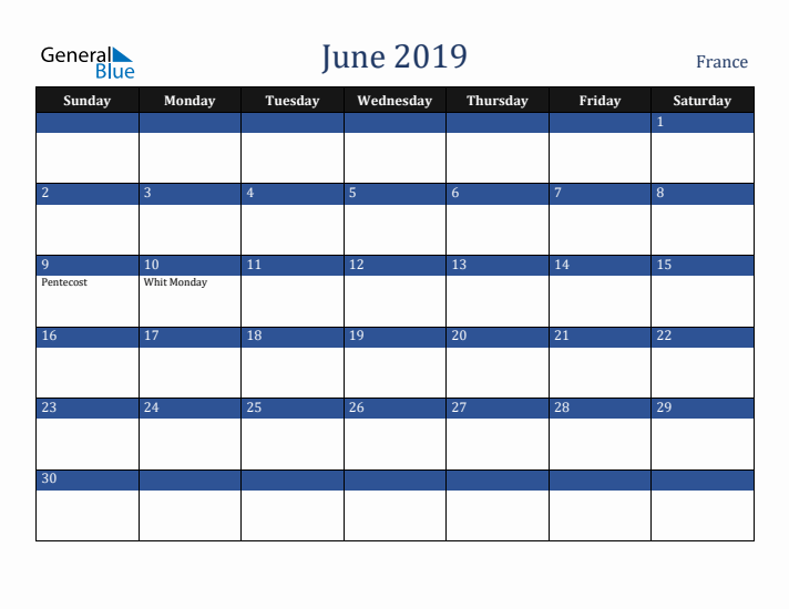 June 2019 France Calendar (Sunday Start)