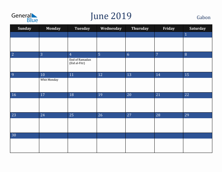 June 2019 Gabon Calendar (Sunday Start)