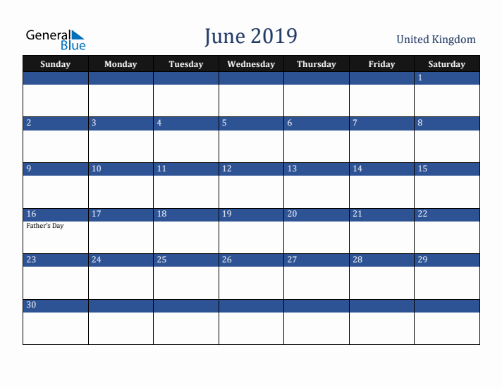 June 2019 United Kingdom Calendar (Sunday Start)