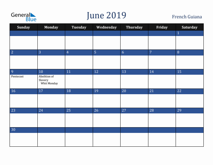 June 2019 French Guiana Calendar (Sunday Start)