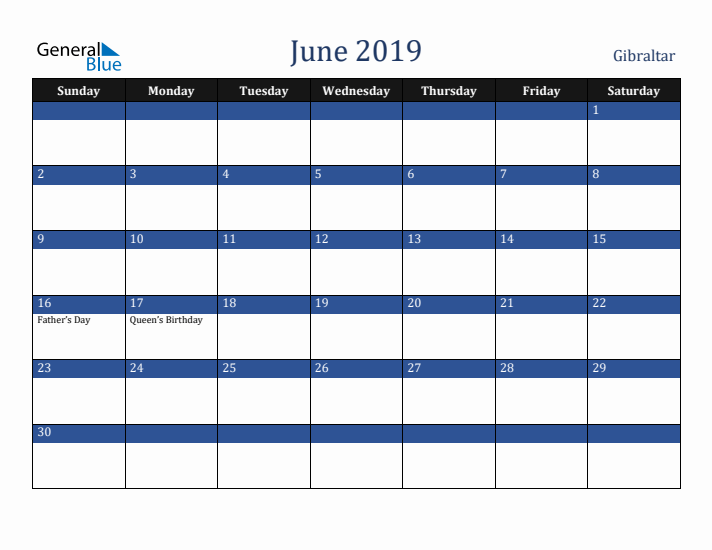 June 2019 Gibraltar Calendar (Sunday Start)
