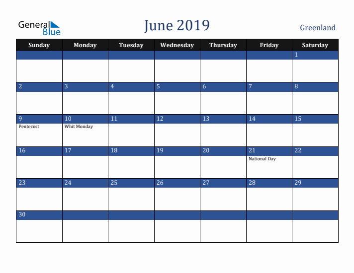 June 2019 Greenland Calendar (Sunday Start)