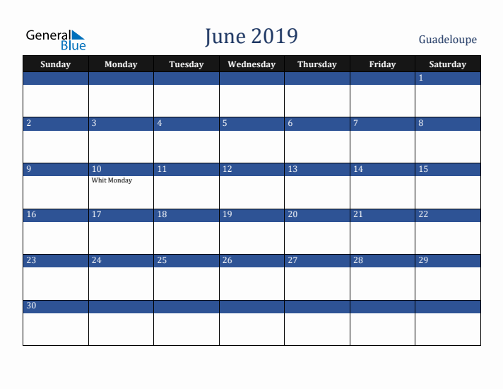 June 2019 Guadeloupe Calendar (Sunday Start)