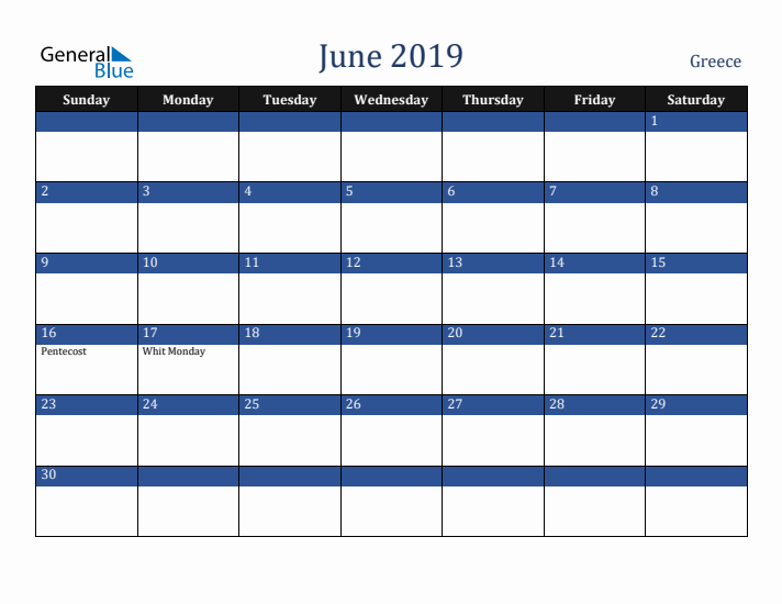 June 2019 Greece Calendar (Sunday Start)