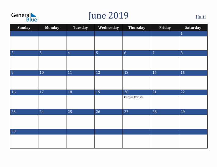 June 2019 Haiti Calendar (Sunday Start)