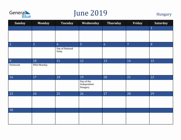 June 2019 Hungary Calendar (Sunday Start)