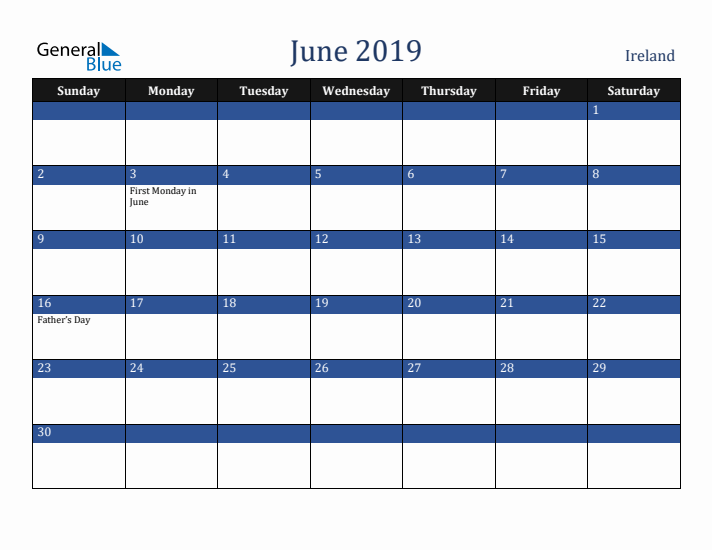 June 2019 Ireland Calendar (Sunday Start)