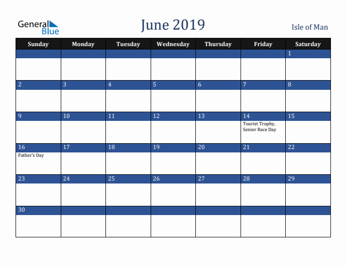 June 2019 Isle of Man Calendar (Sunday Start)