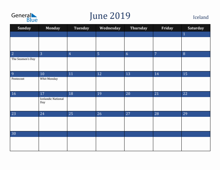 June 2019 Iceland Calendar (Sunday Start)