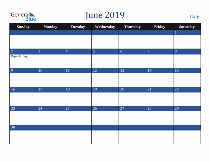 June 2019 Italy Calendar (Sunday Start)