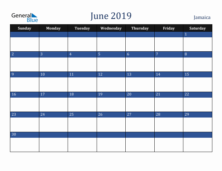 June 2019 Jamaica Calendar (Sunday Start)