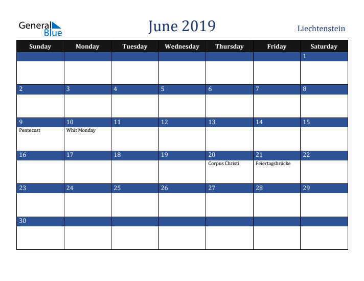 June 2019 Liechtenstein Calendar (Sunday Start)
