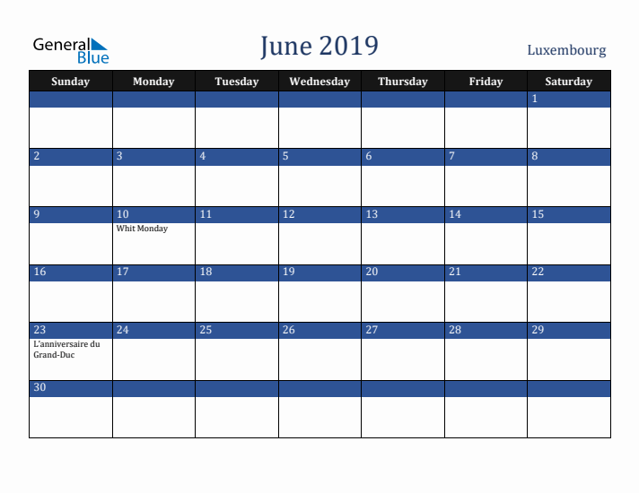 June 2019 Luxembourg Calendar (Sunday Start)