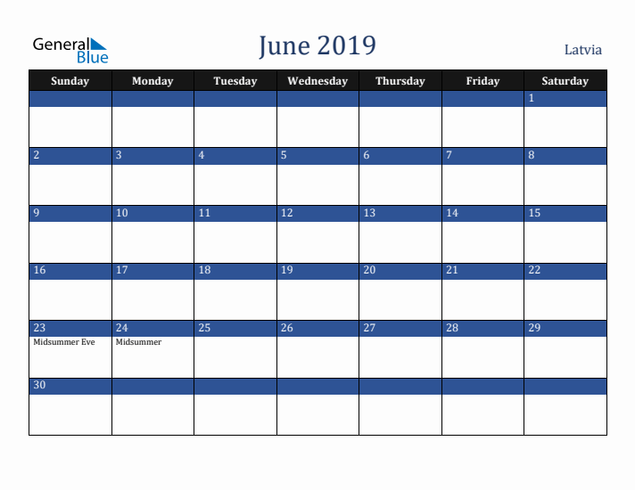 June 2019 Latvia Calendar (Sunday Start)