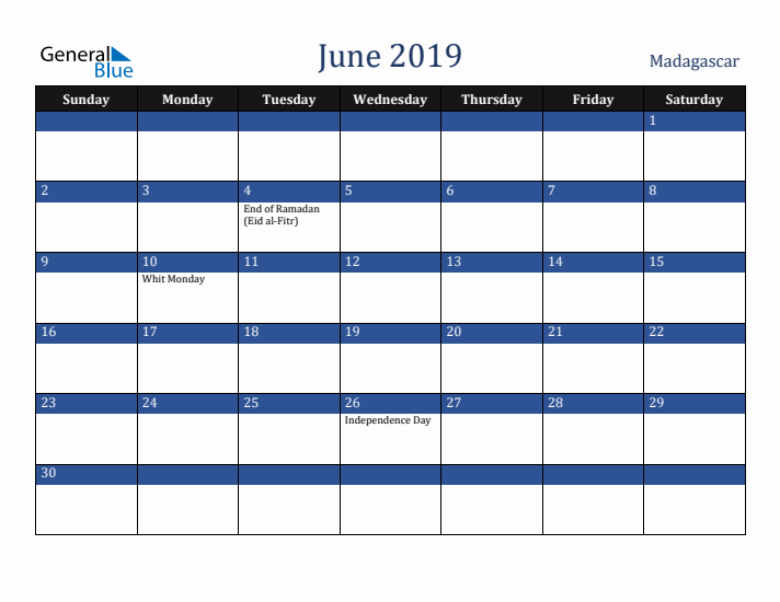 June 2019 Madagascar Calendar (Sunday Start)
