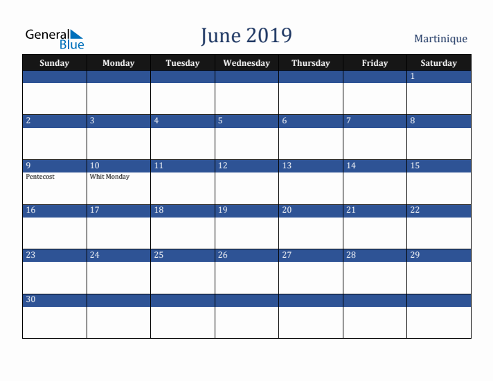 June 2019 Martinique Calendar (Sunday Start)