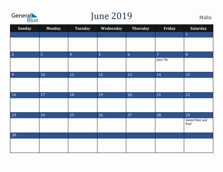 June 2019 Malta Calendar (Sunday Start)