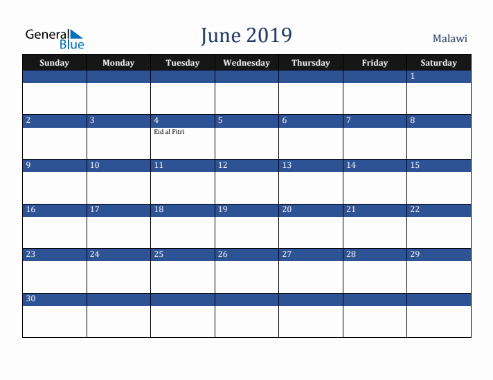 June 2019 Malawi Calendar (Sunday Start)