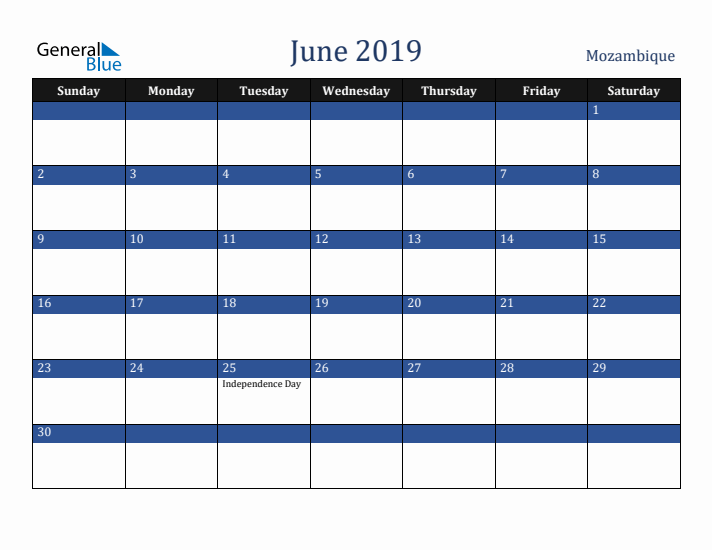 June 2019 Mozambique Calendar (Sunday Start)
