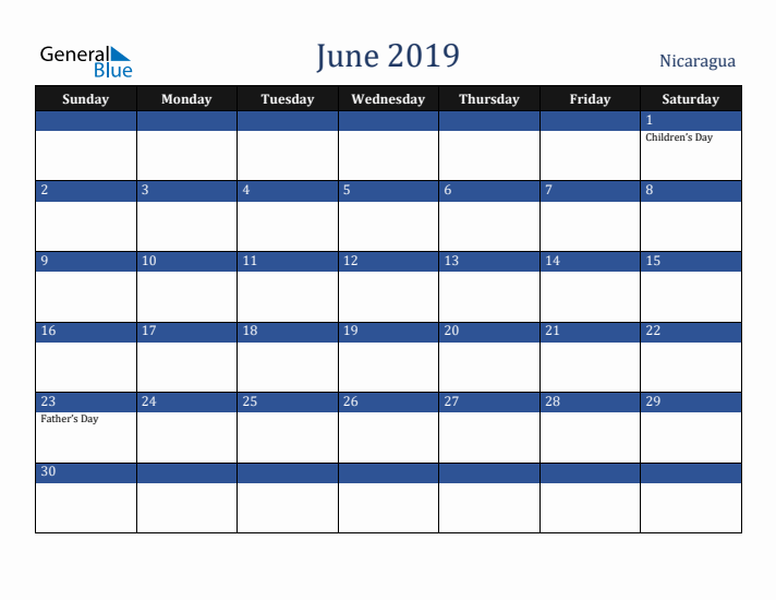 June 2019 Nicaragua Calendar (Sunday Start)