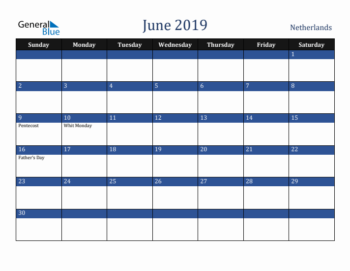 June 2019 The Netherlands Calendar (Sunday Start)
