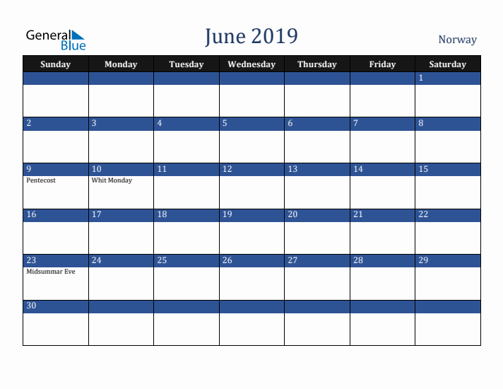 June 2019 Norway Calendar (Sunday Start)