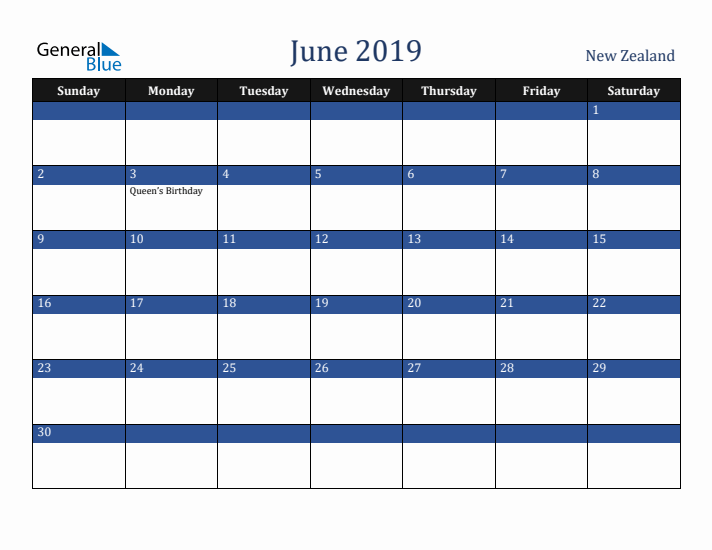 June 2019 New Zealand Calendar (Sunday Start)
