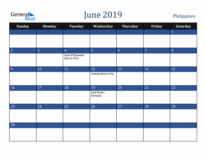 June 2019 Philippines Calendar (Sunday Start)
