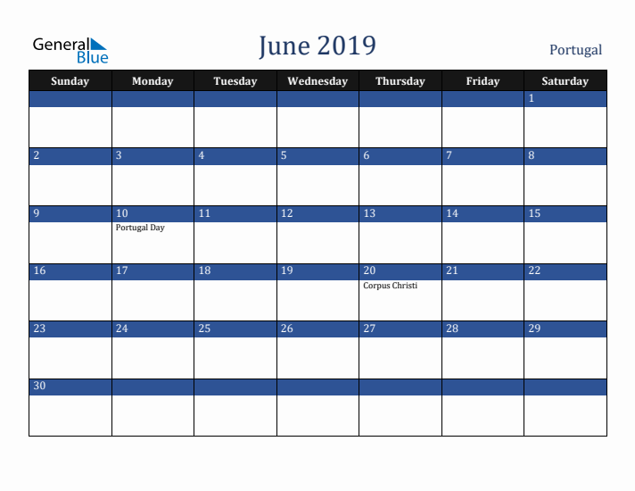 June 2019 Portugal Calendar (Sunday Start)
