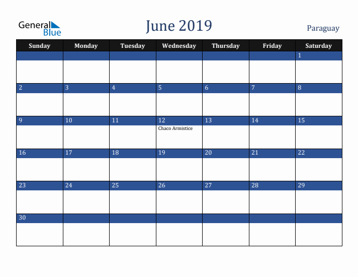 June 2019 Paraguay Calendar (Sunday Start)