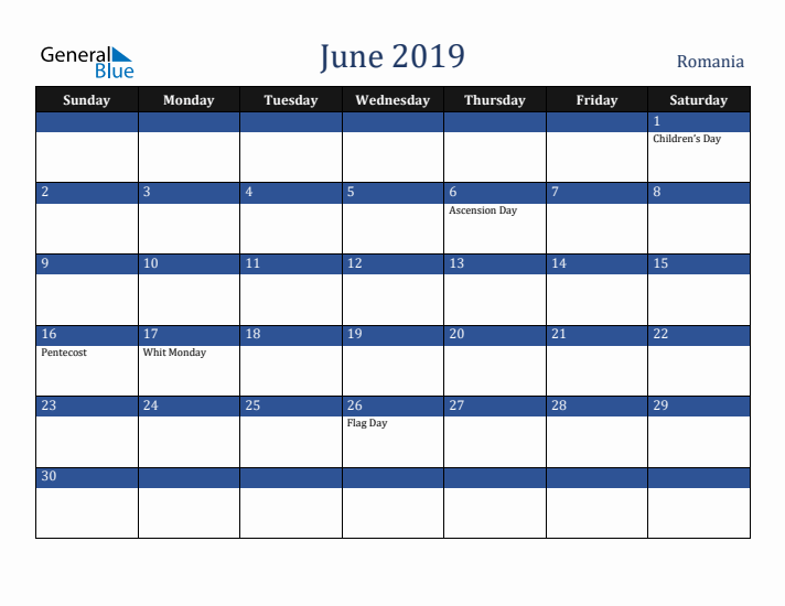 June 2019 Romania Calendar (Sunday Start)