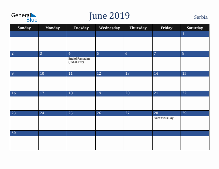 June 2019 Serbia Calendar (Sunday Start)