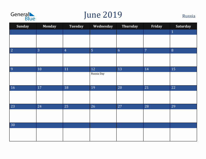 June 2019 Russia Calendar (Sunday Start)