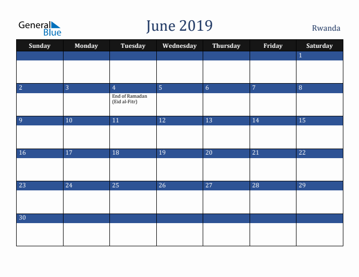 June 2019 Rwanda Calendar (Sunday Start)
